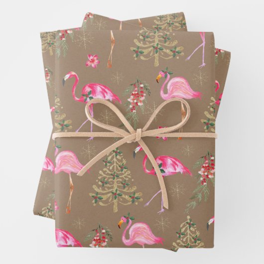 Kraft Pink Flamingos Mingling an einem Weihnachtsf Geschenkpapier Set (Beispiel)