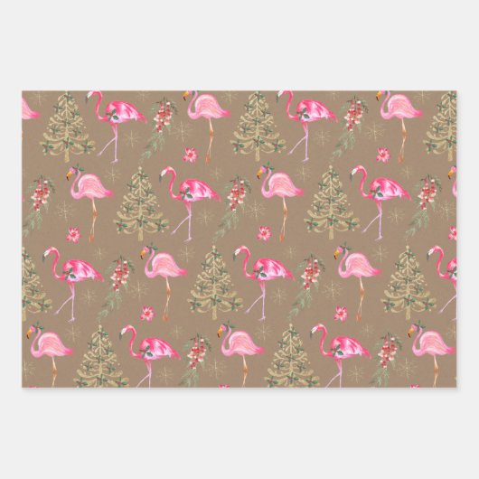 Kraft Pink Flamingos Mingling an einem Weihnachtsf Geschenkpapier Set (Vorderseite)