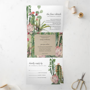 KRAFT PINK FLORAL CACTI FOLIAGE WATERCOLOR WEDD DREIFACH GEFALTETE EINLADUNG