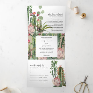 KRAFT PINK FLORAL CACTI FOLIAGE WATERCOLOR WEDD DREIFACH GEFALTETE EINLADUNG