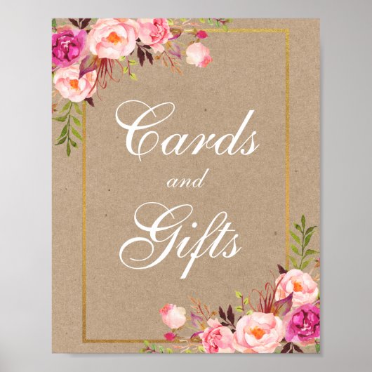 Kraft Pink Floral Gold Hochzeitskarten Geschenke Poster (Vorne)