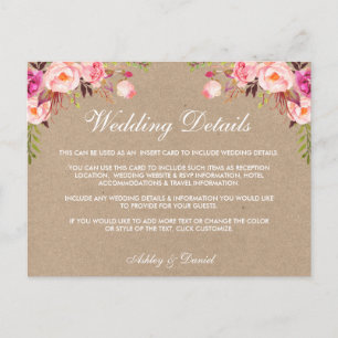 Kraft Pink Florale Hochzeit Details Einsatzkarte Postkarte