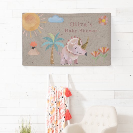 Kraft Pink Triceratops Dinisaur Girl Babydusche Banner (Insitu)