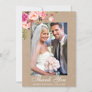 Kraft Pink Watercolor Floral Wedding Foto Dankeskarte