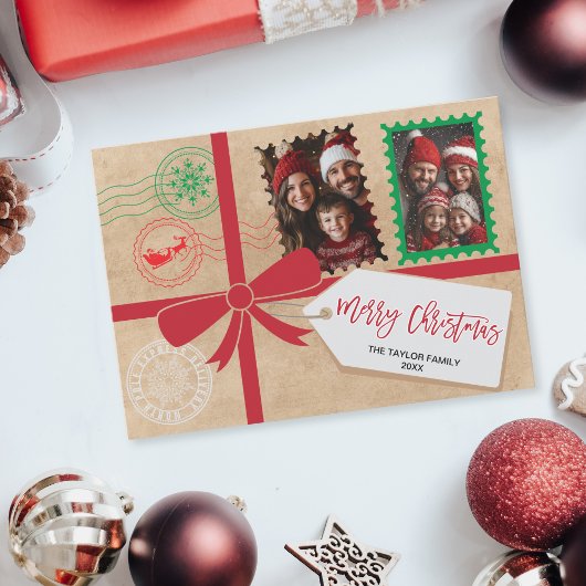 Kraft Red Green Gift Bow Foto Frohe Weihnachten