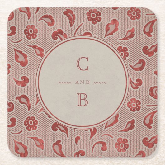 Kraft red Lace rustikales Country Hochzeitmonogram Rechteckiger Pappuntersetzer (Vorderseite)