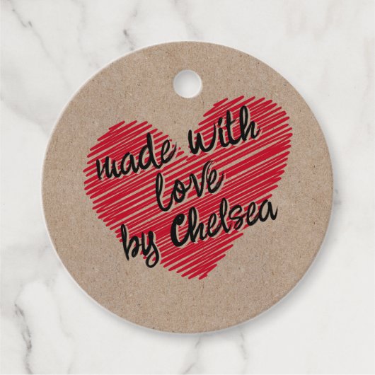 Kraft Red Sketchy Heart "Made with Liebe" Geschenkanhänger (Vorderseite)