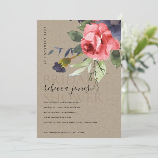 KRAFT ROTE ROSEN EUCALYPTUS FLORAL BRAUTPARTY ANKÜNDIGUNG (Stehend Vorderseite)