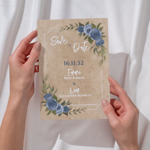 Kraft Rustic Blue Floral Wedding rettet das Datum Postkarte