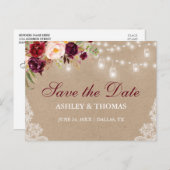 Kraft Rustic Jar Lights Lace Floral Save the Date Ankündigungspostkarte (Vorne/Hinten)