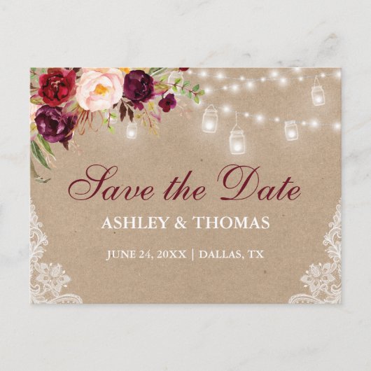 Kraft Rustic Jar Lights Lace Floral Save the Date Ankündigungspostkarte (Vorderseite)