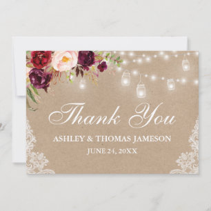 Kraft Rustic Wedding floral Jar Lights Lace Dankeskarte