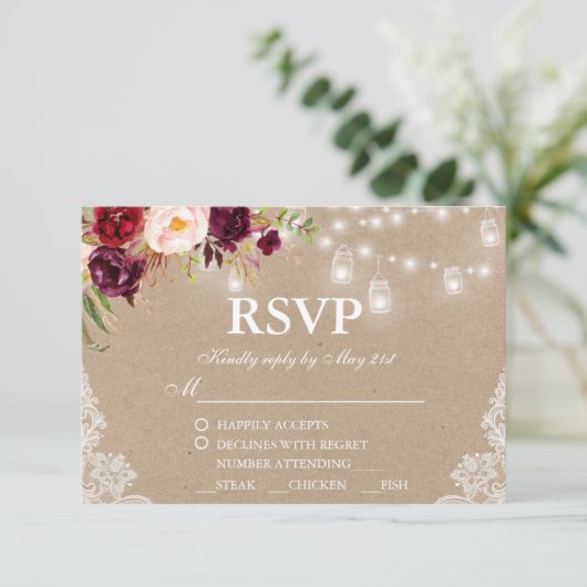 Kraft Rustic Wedellicht Lace Jars Floral UAWG RSVP Karte (Stehend Vorderseite)