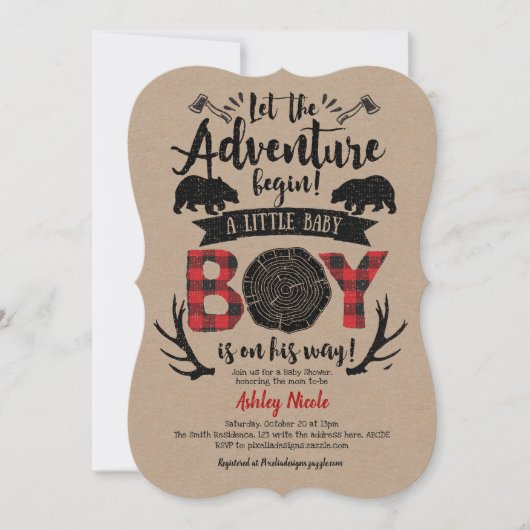 Kraft, rustikal, Lumberjack, Buffalo Kariert, Baby Einladung (Vorderseite)