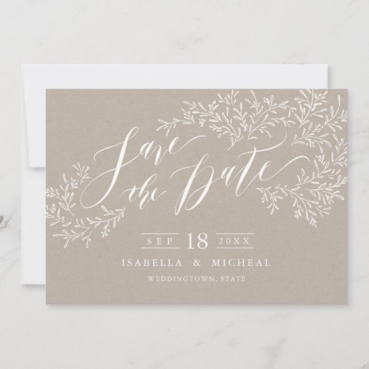 Kraft rustikale Blumenkalligraphie Save the Date (Vorderseite)