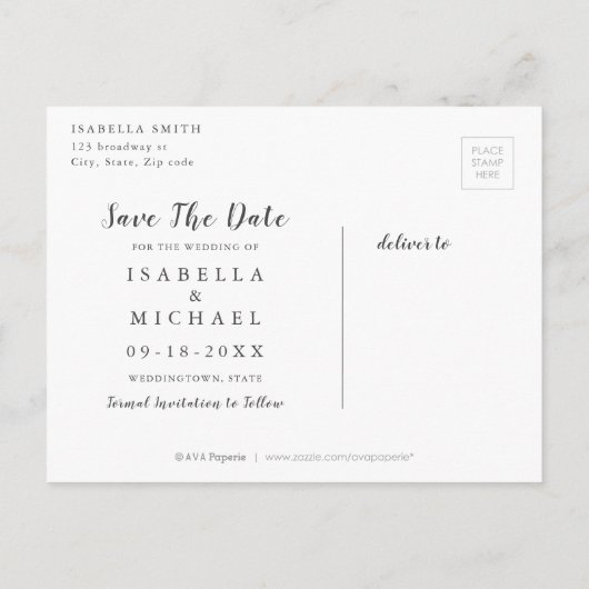 Kraft rustikale Blumenkalligraphie Save the Date Ankündigungspostkarte (Rückseite)