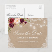 Kraft Rustikale Lichter Jars Lace Floral Save the  Ankündigungspostkarte (Vorne/Hinten)