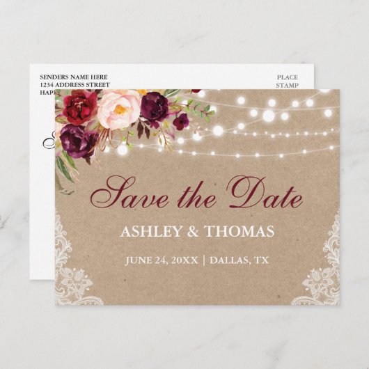 Kraft Rustikale Lichter Spitzen Save the Date B Ankündigungspostkarte (Vorne/Hinten)