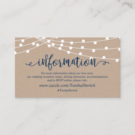 Kraft-Saitenleuchten, Navy Blue, Hochzeitdetails Begleitkarte (Vorderseite)