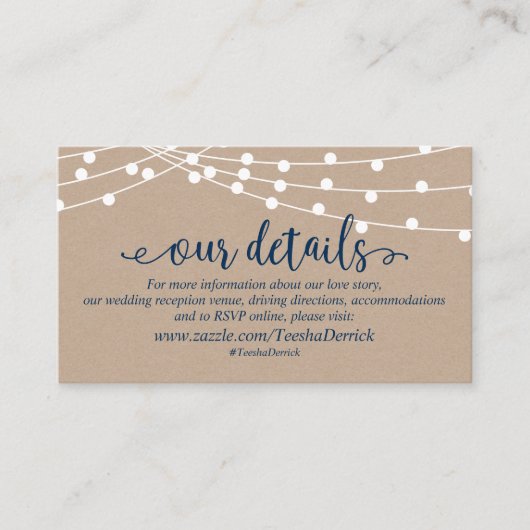 Kraft-Saitenlichter, Navy Blue Script, Unsere Deta Begleitkarte (Vorderseite)