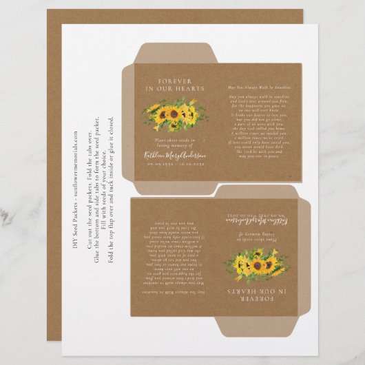 Kraft Sonnenblumenmemorial Seed Packet DIY-Vorlage (Vorne/Hinten)