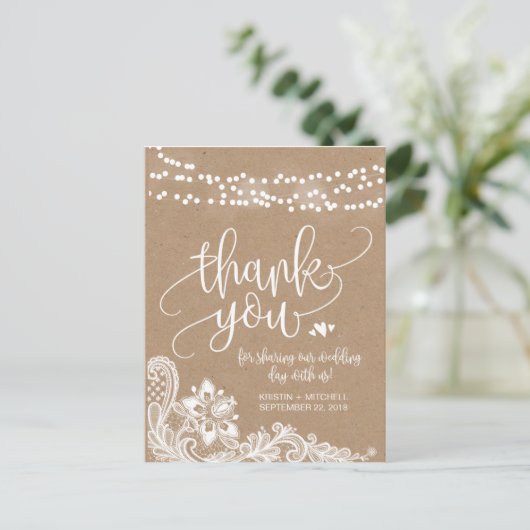 Kraft-Spitzen und Lichter Rustikal Danke Post Card Postkarte (Stehend Vorderseite)