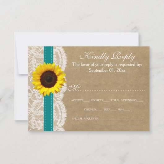 Kraft-, Spitzen- und Sonnenblumen-Kollektion - Aqu RSVP Karte (Vorderseite)