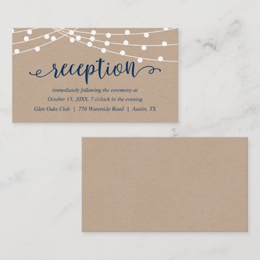 Kraft String Lights, Navy Blue, Hochzeitsempfang Begleitkarte (Vorne/Hinten)