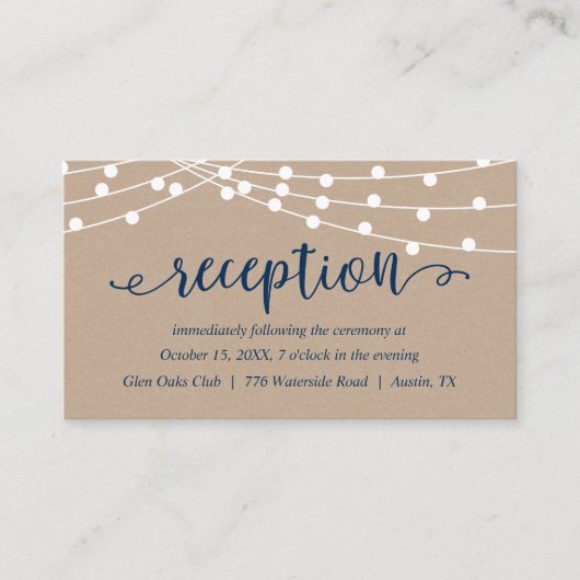 Kraft String Lights, Navy Blue, Hochzeitsempfang Begleitkarte (Vorderseite)
