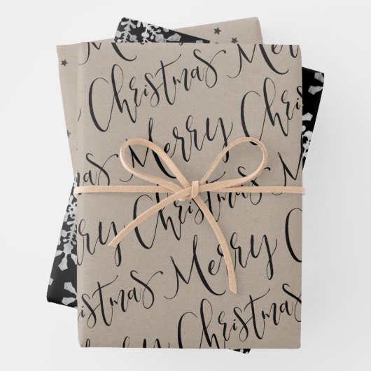 Kraft und schwarz frohe Weihnachts-Schneeflocken S Geschenkpapier Set (Beispiel)