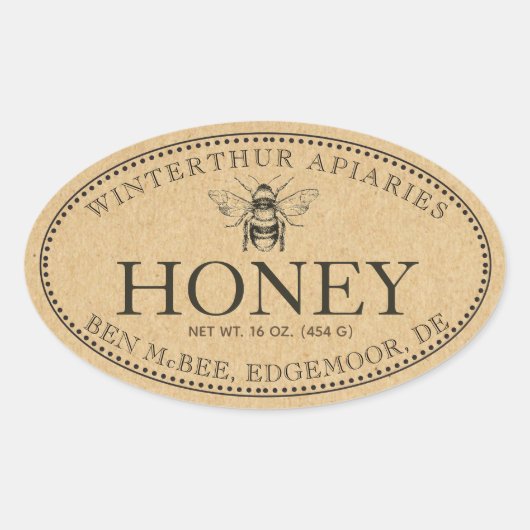 KRAFT VINTAG BEE OVAL HONEY ETIKETT OVALER AUFKLEBER (Vorderseite)