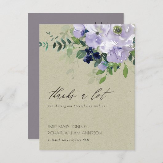Kraft Violet Lila Blütenblätter Hochzeitsdank Postkarte (Vorne/Hinten)