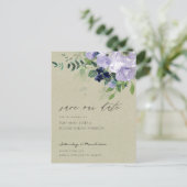 Kraft Violet Lila Blütenblätter Save the Date Postkarte (Stehend Vorderseite)