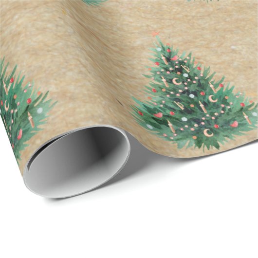 Kraft Wasserfarbe Weihnachtsgrün Pine Tree Geschenkpapier (Rolleneckpunkt)