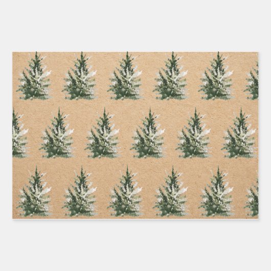 Kraft Wasserfarbe Weihnachtsgrün Pine Tree Geschenkpapier Set (Vorderseite 2)