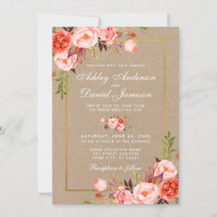 Kraft Watercolor Coral Floral Gold Hochzeit einlad