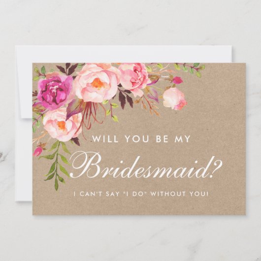 Kraft Watercolor Floral Pink Bridesmaid Einladung (Vorderseite)