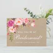 Kraft Watercolor Floral Pink Bridesmaid Einladung (Stehend Vorderseite)