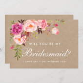 Kraft Watercolor Floral Pink Bridesmaid Einladung (Vorne/Hinten)