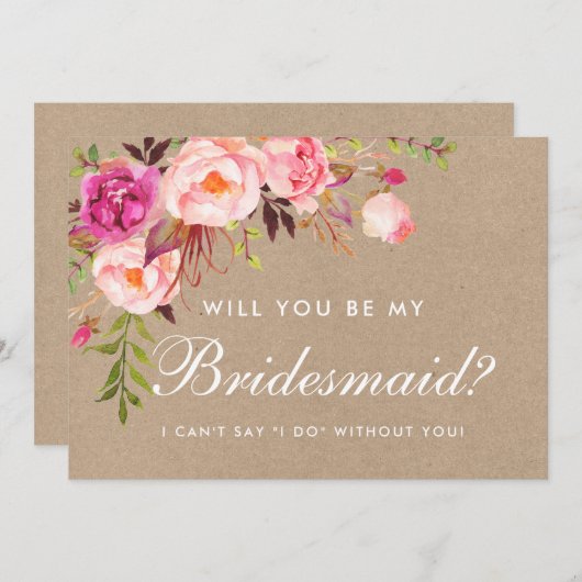 Kraft Watercolor Floral Pink Bridesmaid Einladung (Vorne/Hinten)