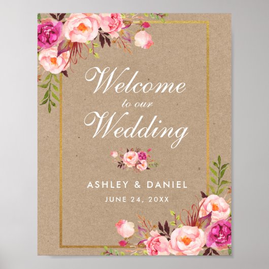 Kraft Watercolor Floral Pink Gold Hochzeit Willkom Poster (Vorne)