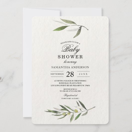 Kraft Watercolor Green Olive Branch Einladung (Vorderseite)