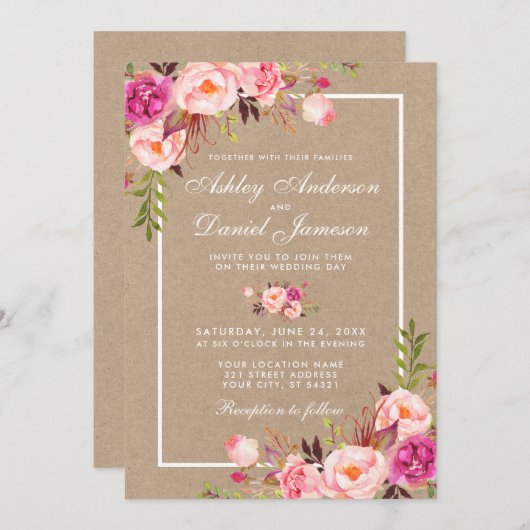 Kraft Watercolor Pink Blush Blues Hochzeit einlade (Vorne/Hinten)