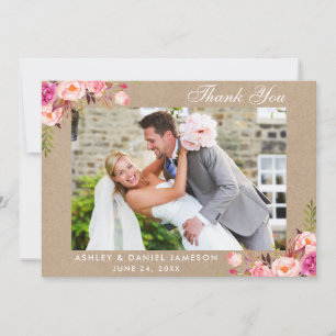 Kraft Watercolor Pink Floral Wedding Foto Dankeskarte