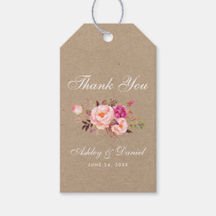 Kraft Watercolor Pink Floral Wedding Vielen Dank Geschenkanhänger