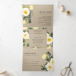 KRAFT WHITE YELLOW PEONY FLORAL WATERCOLOR WEDD DREIFACH GEFALTETE EINLADUNG