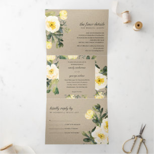 KRAFT WHITE YELLOW PEONY FLORAL WATERCOLOR WEDD DREIFACH GEFALTETE EINLADUNG