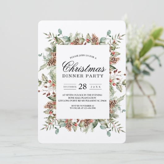 Kraft Winter Green Pine Cone Frame Einladung (Stehend Vorderseite)