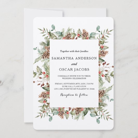 Kraft Winter Green Pine Cone Frame Einladung (Vorderseite)