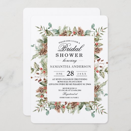 Kraft Winter Green Pine Cone Frame Einladung (Vorne/Hinten)